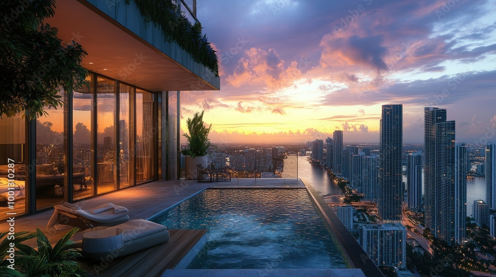 Fototapeta premium Luxurious rooftop deck with a private pool, offering an unobstructed view of the nearby high-rises, illuminated by the golden hour.