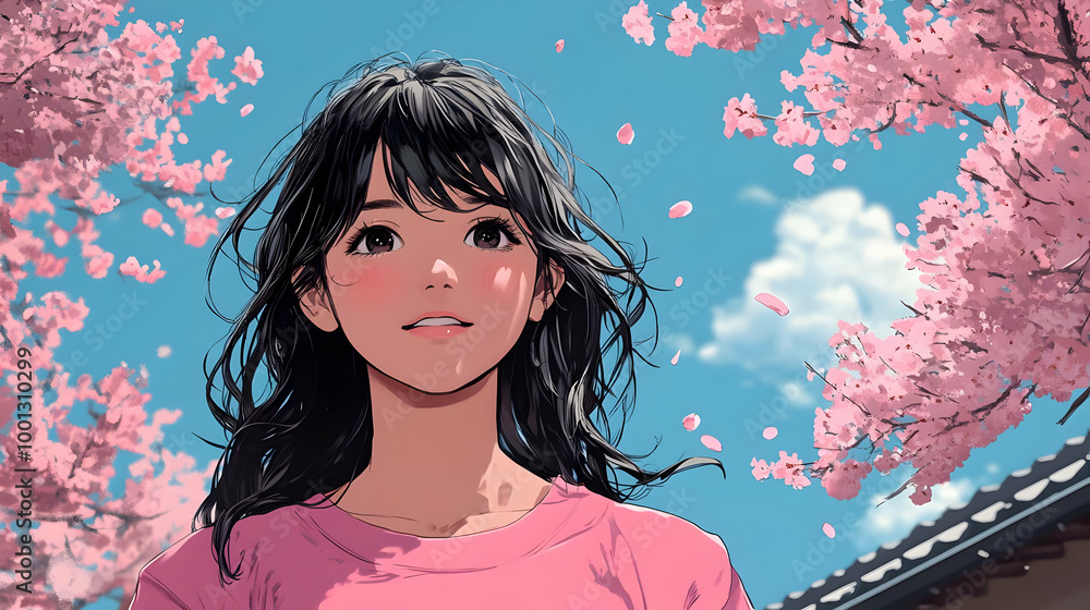 Smiling Girl Under Cherry Blossoms on a Sunny Day Smiling Girl Under Cherry Blossoms on a Sunny Day