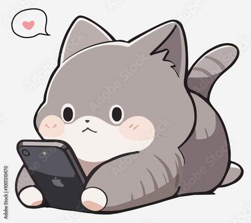 A cute Cat using a mobile phone in a sofa. British shorthair illustration.