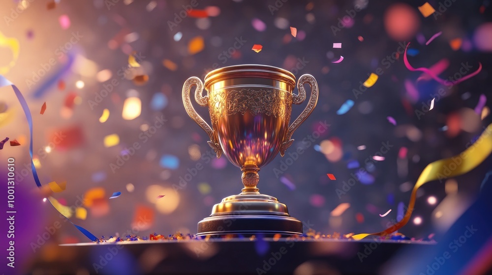 Golden championship cup standing tall on a platform, with confetti and ribbon decorations in the background, celebrating a victorious achievement Golden championship cup standing tall on a platform, with confetti and ribbon decorations in the background, celebrating a victorious achievement