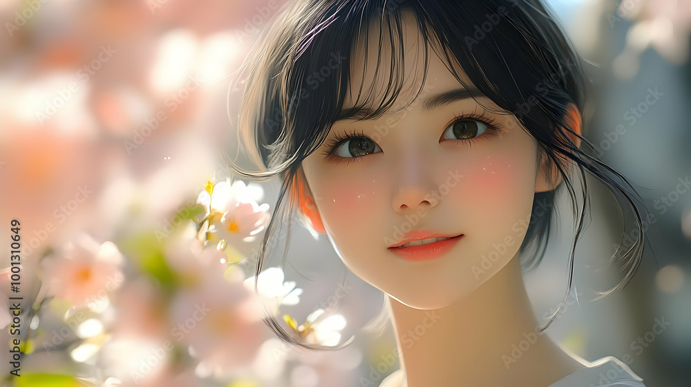 Smiling Woman with Flowers in Hair, Beautiful Portrait, Anime Style Smiling Woman with Flowers in Hair, Beautiful Portrait, Anime Style