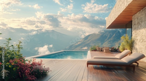 Modern deck design with a swimming pool, overlooking mountain homes, with soft thoughts of flight and airy imagination swirling in the distant sky.