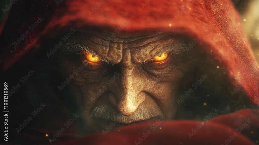 Frightening old man with horns and yellow eyes in red hood, mystical and ominous feeling Frightening old man with horns and yellow eyes in red hood, mystical and ominous feeling