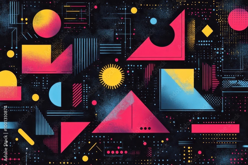 vibrant retro 1980s geometric pattern in neon colors featuring bold shapes and lines evoking nostalgia and energetic vibes perfect for a lively background or design project vibrant retro 1980s geometric pattern in neon colors featuring bold shapes and lines evoking nostalgia and energetic vibes perfect for a lively background or design project