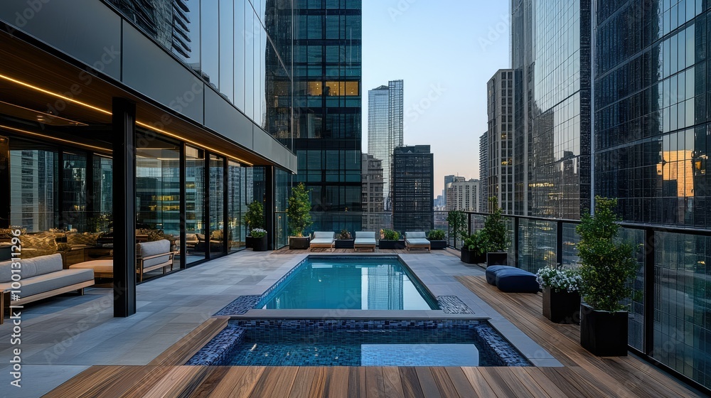 Fototapeta premium Outdoor deck design with a geometric swimming pool, surrounded by tall glass buildings, showcasing a perfect blend of urban and modern outdoor living.
