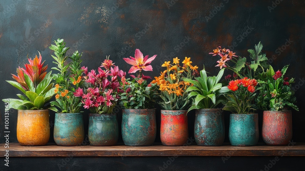 Colorful potted flowers arranged on a wooden shelf. Colorful potted flowers arranged on a wooden shelf.