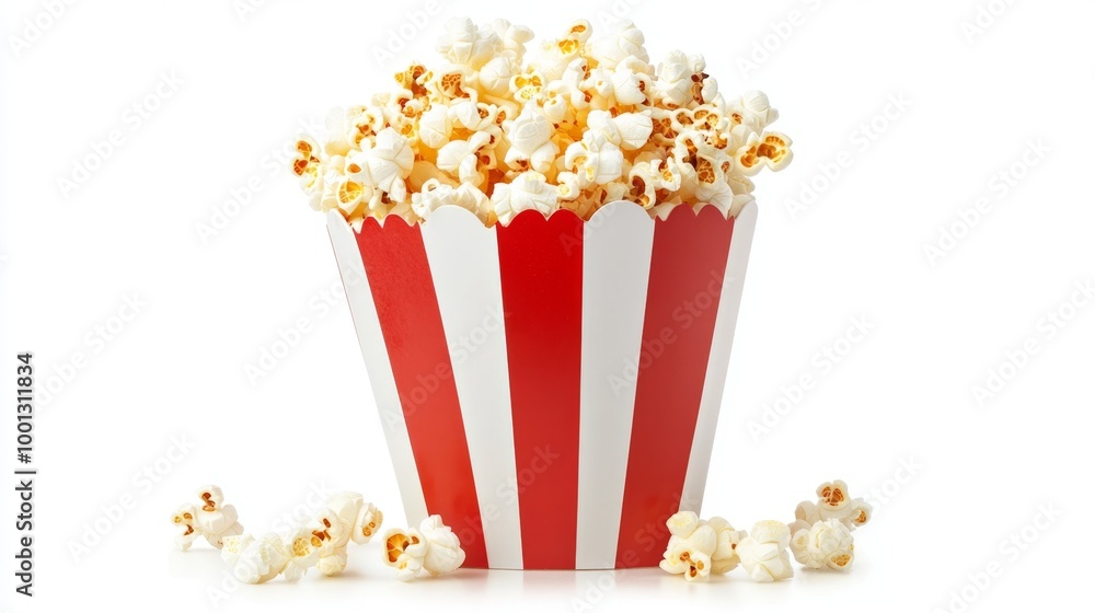 Red and white striped popcorn bucket filled with popcorn. Isolated on white background. Food, snack, movie night, cinema Red and white striped popcorn bucket filled with popcorn. Isolated on white background. Food, snack, movie night, cinema