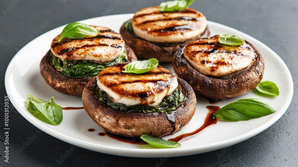 Grilled portobello mushrooms stuffed with spinach and goat cheese, plated with a balsamic glaze and fresh basil leaves for a refined presentation, 3D illustration Grilled portobello mushrooms stuffed with spinach and goat cheese, plated with a balsamic glaze and fresh basil leaves for a refined presentation, 3D illustration