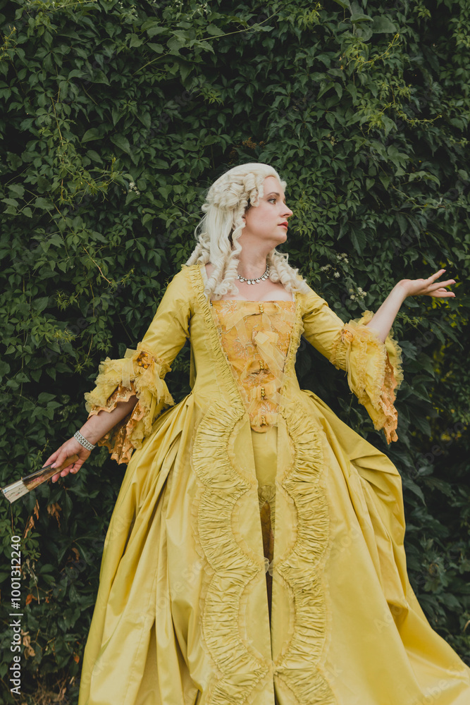Portrait of blonde woman dressed in historical Baroque clothes with old fashion hairstyle Portrait of blonde woman dressed in historical Baroque clothes with old fashion hairstyle