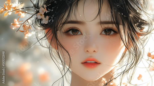 Anime Girl with Flowers in Hair: Close Up Portrait Illustration