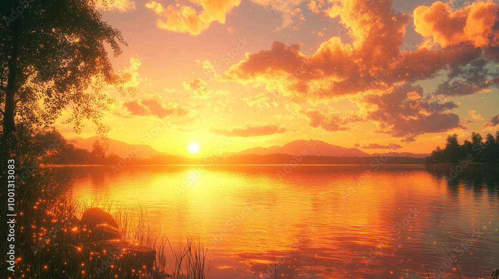 Sunset Symphonies and Reflective Melodies by the Lake. Sunset anime lake with golden hour view
Sunset Symphonies and Reflective Melodies by the Lake. Sunset anime lake with golden hour view