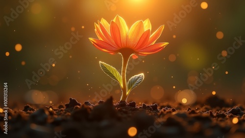 Generative AI, a flower that is growing out of the ground in the dirt with the sun shining in the a flower that is growing background and a blurry background, sun, a macro photograph, art photography
