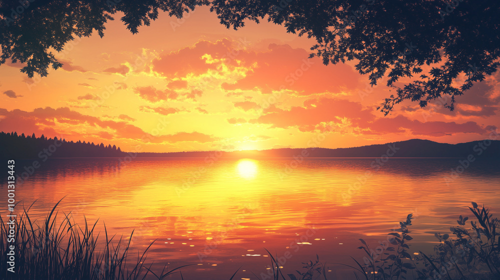 Sunset Symphonies and Reflective Melodies by the Lake. Sunset anime lake with golden hour view
Sunset Symphonies and Reflective Melodies by the Lake. Sunset anime lake with golden hour view