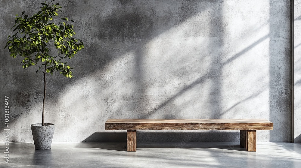 concrete wall with a bench and plants illuminated by light from the window concrete wall with a bench and plants illuminated by light from the window
