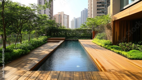 Wooden deck with a rectangular pool, bordered by greenery, with distant apartment buildings creating a peaceful urban retreat. 669a18cfc9bc