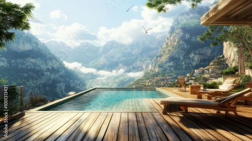 Wooden deck with a pool, framed by mountainside buildings, as distant thoughts of flight and dreams hover over the peaceful scene.