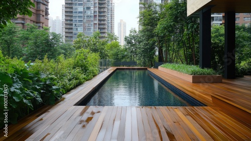 Wooden deck with a rectangular pool, bordered by greenery, with distant apartment buildings creating a peaceful urban retreat. 669a18cfc9bc