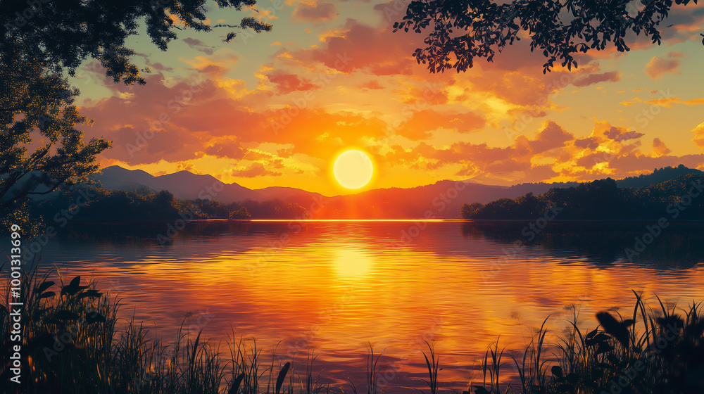 Sunset Symphonies and Reflective Melodies by the Lake. Sunset anime lake with golden hour view
Sunset Symphonies and Reflective Melodies by the Lake. Sunset anime lake with golden hour view