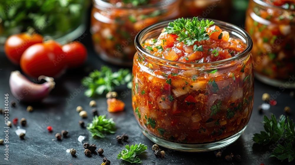 Jars of vibrant salsa with fresh ingredients and spices. Jars of vibrant salsa with fresh ingredients and spices.