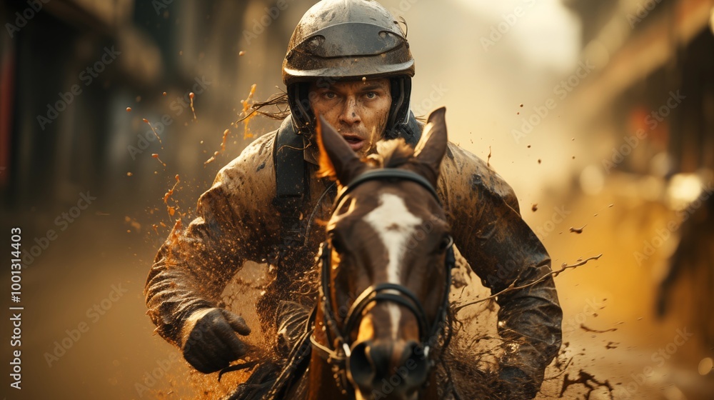 Fototapeta premium A man participates in a horse racing.