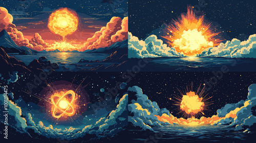 Four different images of a star exploding in the sky. The first image shows a star exploding in the sky with a large explosion