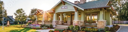 Craftsman house in pastel green with natural stone accents, showcasing a wide porch and vibrant flower beds, on a sunny afternoon.