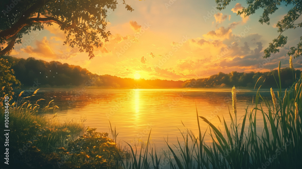 Sunset Symphonies and Reflective Melodies by the Lake. Sunset anime lake with golden hour view
Sunset Symphonies and Reflective Melodies by the Lake. Sunset anime lake with golden hour view
