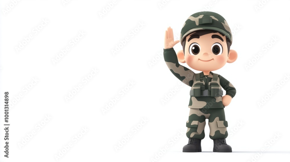 Cheerful military cartoon character saluting in full camouflage gear, isolated on a clean white background. Cheerful military cartoon character saluting in full camouflage gear, isolated on a clean white background.