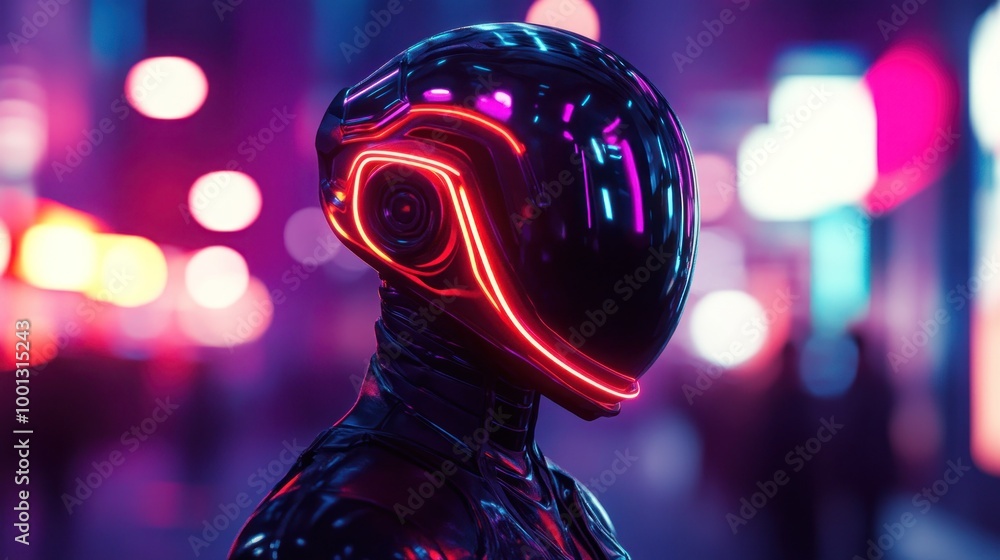 Futuristic humanoid figure with neon accents in a vibrant urban setting. Futuristic humanoid figure with neon accents in a vibrant urban setting.