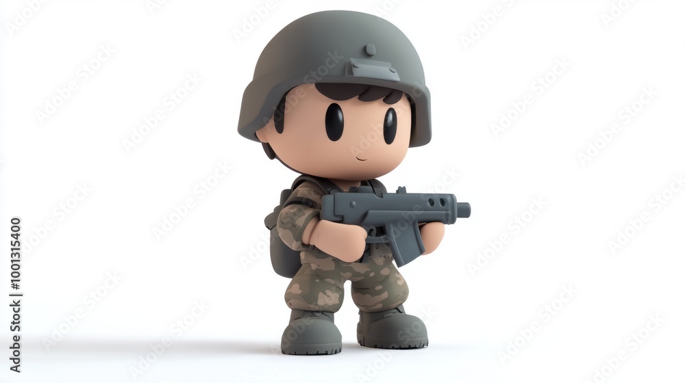 Cute cartoon army character with big boots, holding a toy gun and wearing a helmet, isolated on white. Cute cartoon army character with big boots, holding a toy gun and wearing a helmet, isolated on white.