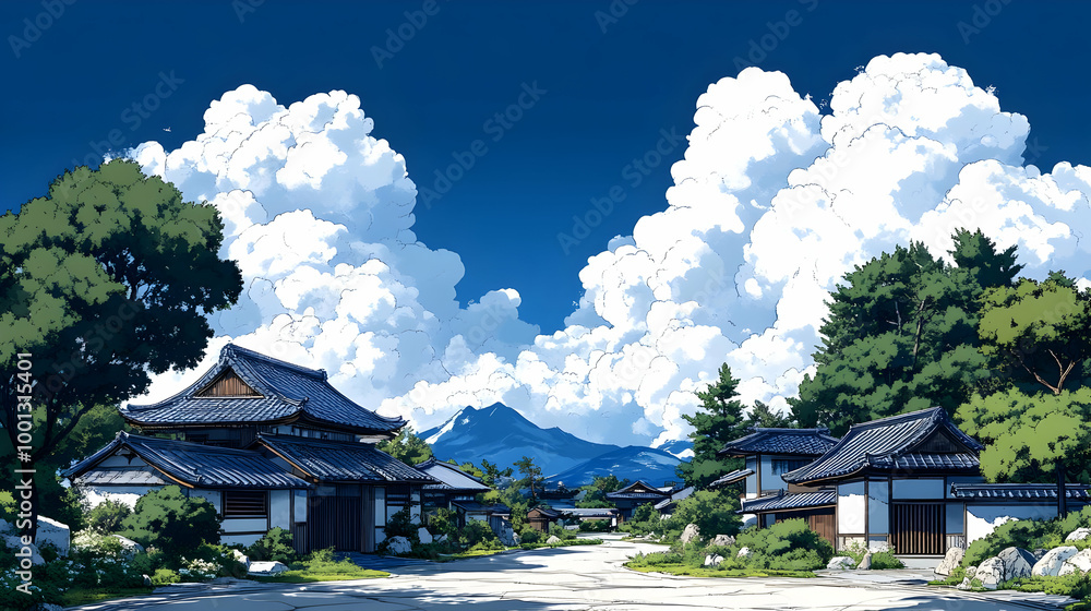 Tranquil Japanese Village with Lush Greenery and Majestic Mountain View Tranquil Japanese Village with Lush Greenery and Majestic Mountain View