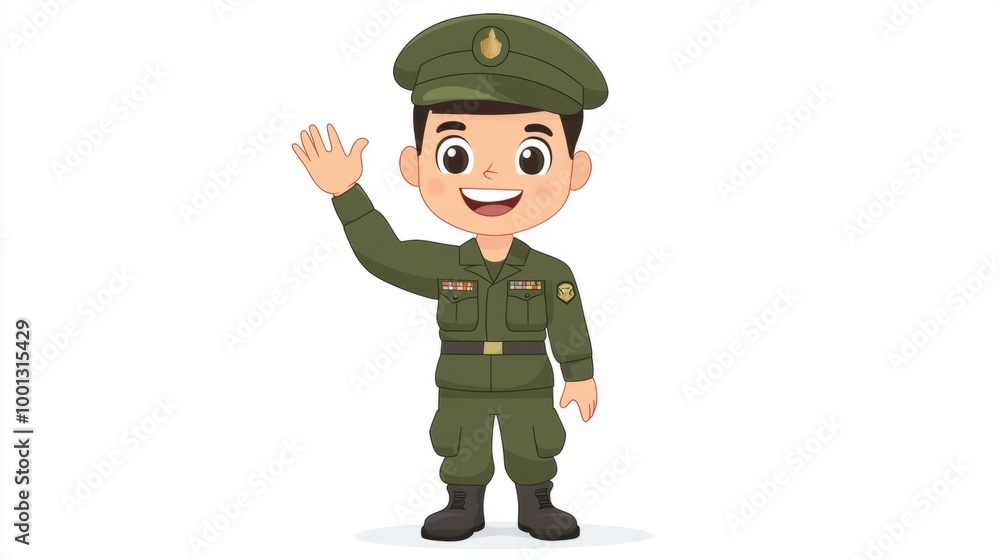 Cute cartoon army recruit waving with a smile in full uniform, isolated on a clean white background. Cute cartoon army recruit waving with a smile in full uniform, isolated on a clean white background.