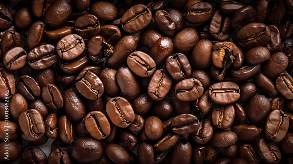 Naklejka premium Closeup shot of roasted coffee beans showcasing their rich texture and color.