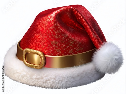 Vibrant red and white festive hat with shiny white fur trim and golden buckle, isolated on a transparent photo