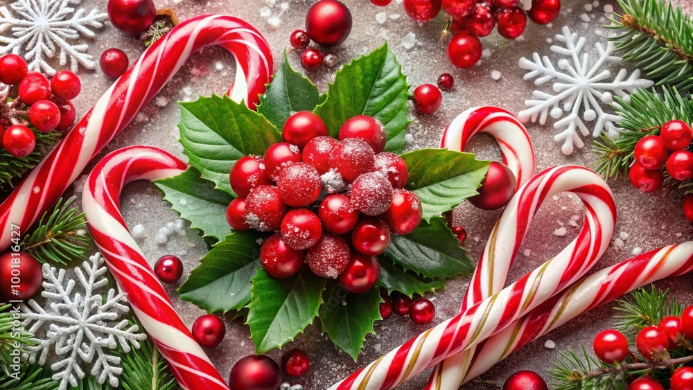 Vibrant red and white striped candy canes adorn a festive holiday background, complete with gleaming ornaments, Vibrant red and white striped candy canes adorn a festive holiday background, complete with gleaming ornaments,