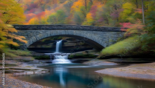 Gloomy autumn landscape featuring a beautiful foamy waterfall and a bridge in Letchworth State Park, USA photo