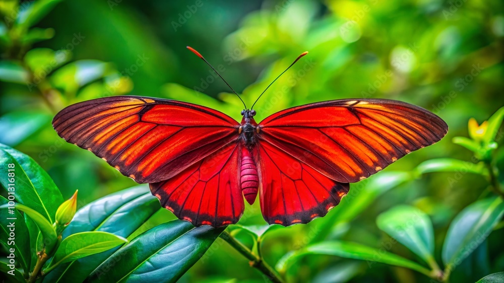 Vibrant red butterfly wings spread wide against a soft, blurred background of lush green foliage, creating a stunning Vibrant red butterfly wings spread wide against a soft, blurred background of lush green foliage, creating a stunning