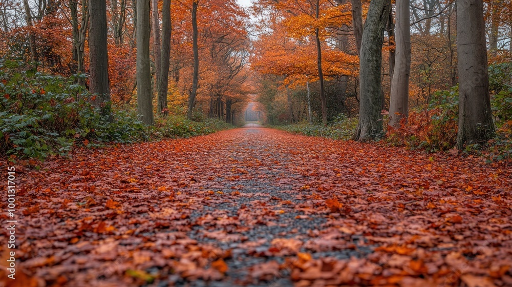 Serene autumn pathway lined with vibrant orange leaves. Serene autumn pathway lined with vibrant orange leaves.