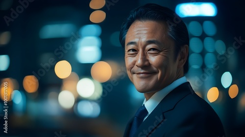 Photo portrait of smiling Asian (Japanese) businessman of senior age in smart business suit against the background of buildings of business center of big city. Big business, successful business, top m