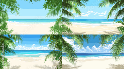 Four different images of a beach with palm trees. The first image shows a calm ocean with a palm tree in the foreground