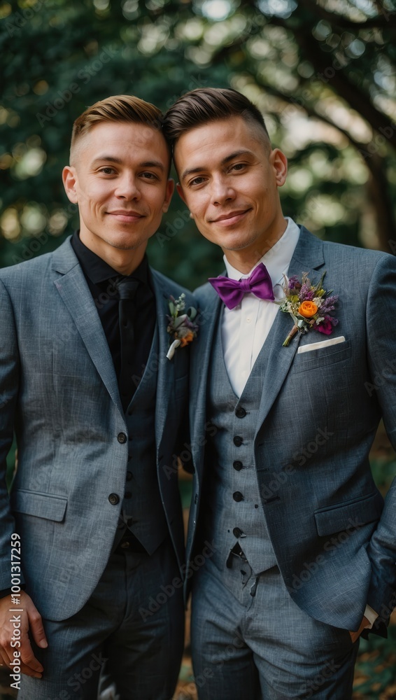 Two men in matching ties posing together in formal attire with joyful expressions Two men in matching ties posing together in formal attire with joyful expressions
