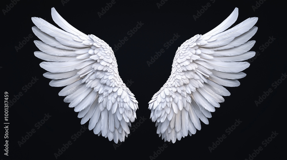 Obraz premium Realistic white angel wings isolated on solid black background 