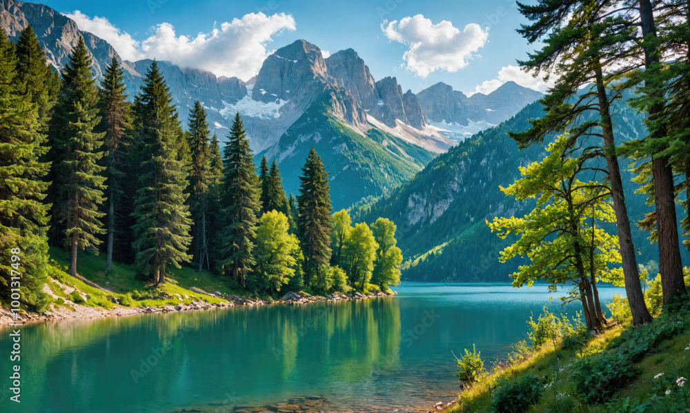A tranquil lake nestled in the foothills of the Alps on a sunny day A tranquil lake nestled in the foothills of the Alps on a sunny day