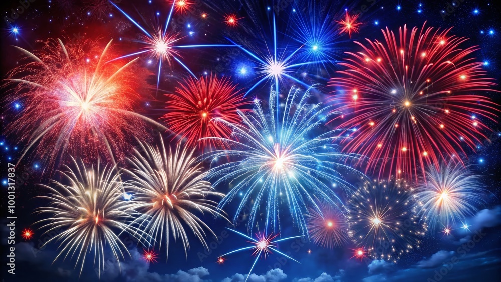 Fototapeta premium Vibrant red, white, and blue fireworks explosion on a dark night sky with glittering stars, perfect for patriotic