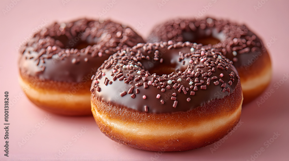 Food Photography of Three Chocolate Doughnuts with Sprinkles, Showcasing Their Irresistible Texture and Delicious Appearance, Placed on a Rustic Wooden Table, Evoking a Sense of Indulgence and Sweetne Food Photography of Three Chocolate Doughnuts with Sprinkles, Showcasing Their Irresistible Texture and Delicious Appearance, Placed on a Rustic Wooden Table, Evoking a Sense of Indulgence and Sweetne