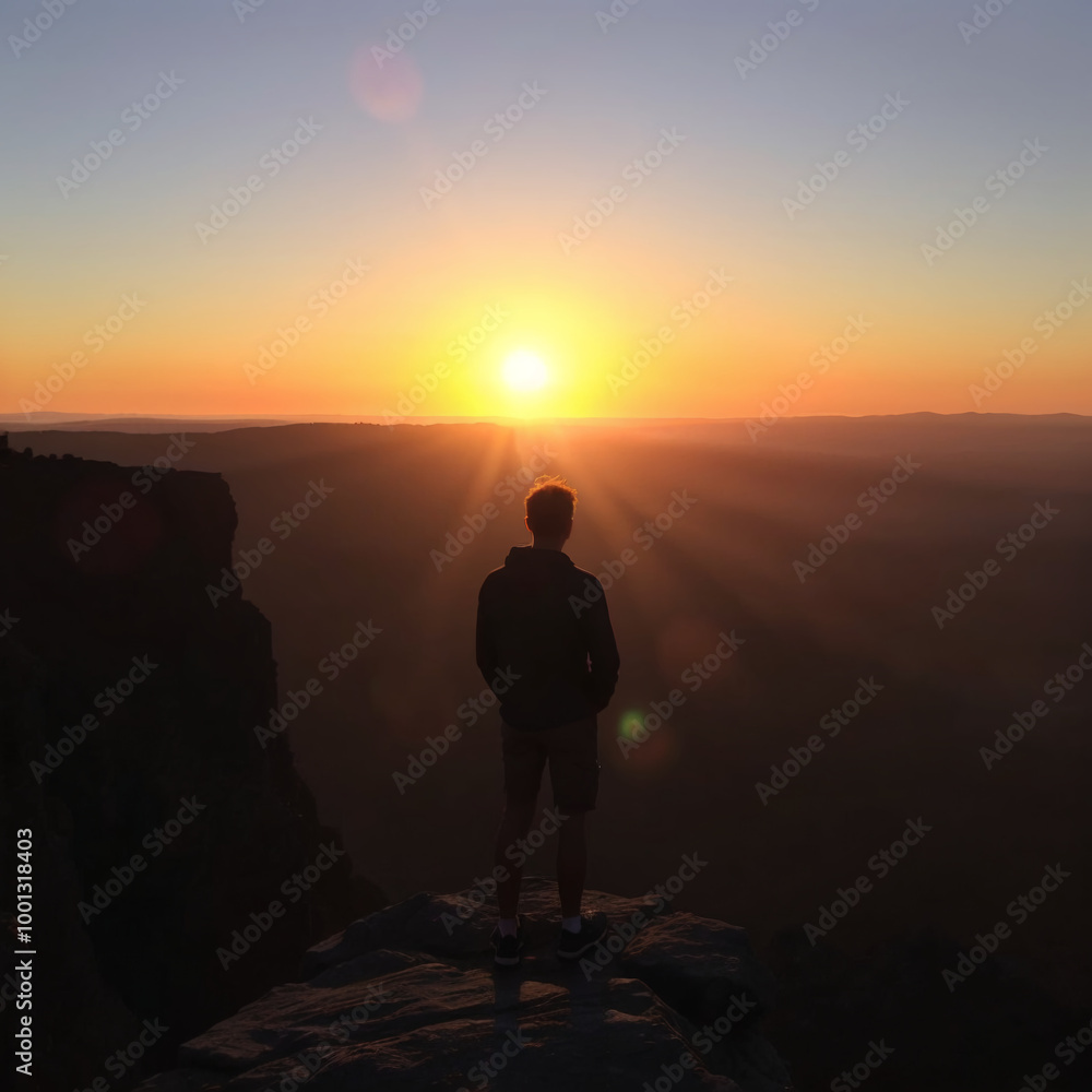 Person standing on a mountain cliff at sunrise Person standing on a mountain cliff at sunrise