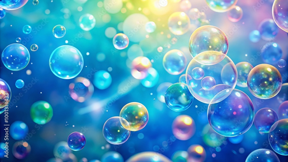 Vibrant, shimmering bubbles rise against a soft, gradient blue background, creating a whimsical and dreamy atmosphere Vibrant, shimmering bubbles rise against a soft, gradient blue background, creating a whimsical and dreamy atmosphere