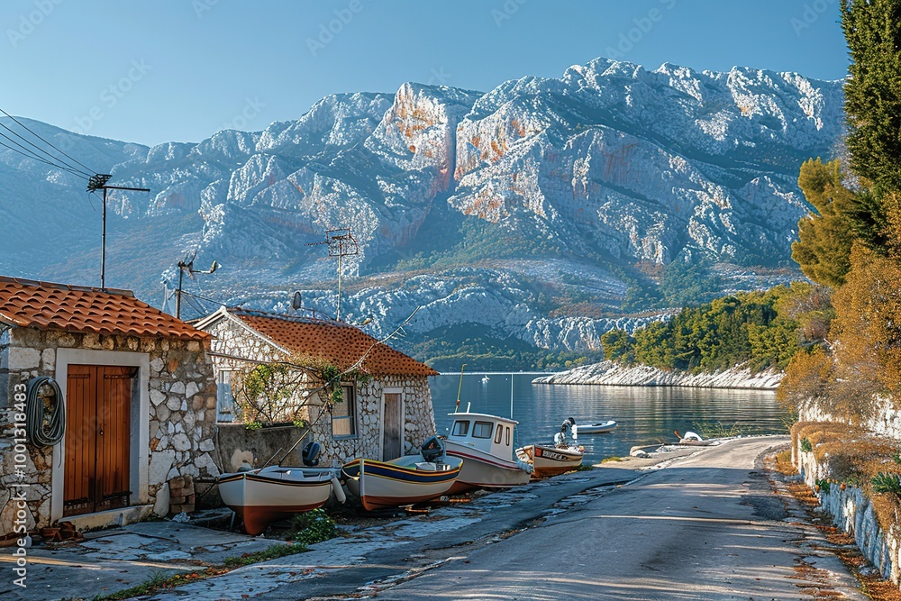 Naklejka premium A small village with a lake and mountains in the background