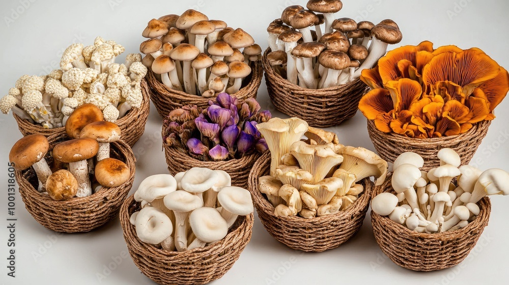 Gourmet mushrooms in vivid colors, arranged in baskets on a clean, white surface, showcasing their juicy textures and organic shapes. Gourmet mushrooms in vivid colors, arranged in baskets on a clean, white surface, showcasing their juicy textures and organic shapes.