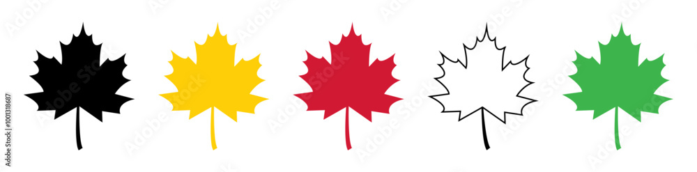 Set of flat maple leaf shape icons isolated on white background vector illustration. Canadian maple leaf icon set in different color. Forest and wood signs symbol. Set of flat maple leaf shape icons isolated on white background vector illustration. Canadian maple leaf icon set in different color. Forest and wood signs symbol.